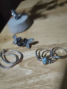 Sterling Silver Turquoise Stackable Rings#10  and Earrings Set - Silver